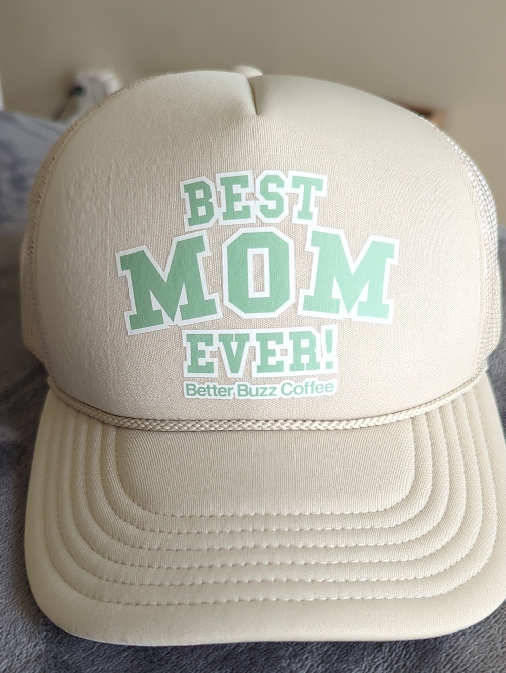 Best Mom Ever! Trucker Hat - Beige with Mint Green Logo